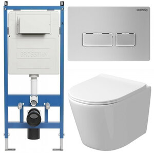 Изображение товара Комплект Grossman Pragma 97.4477SQ.03.110, инсталляция 900.K31.01.000 с безободковым унитазом GR-4477SQ белый, смыв торнадо, сиденье микролифт, клавиша смыва хром матовый 700.K31.03.110.110