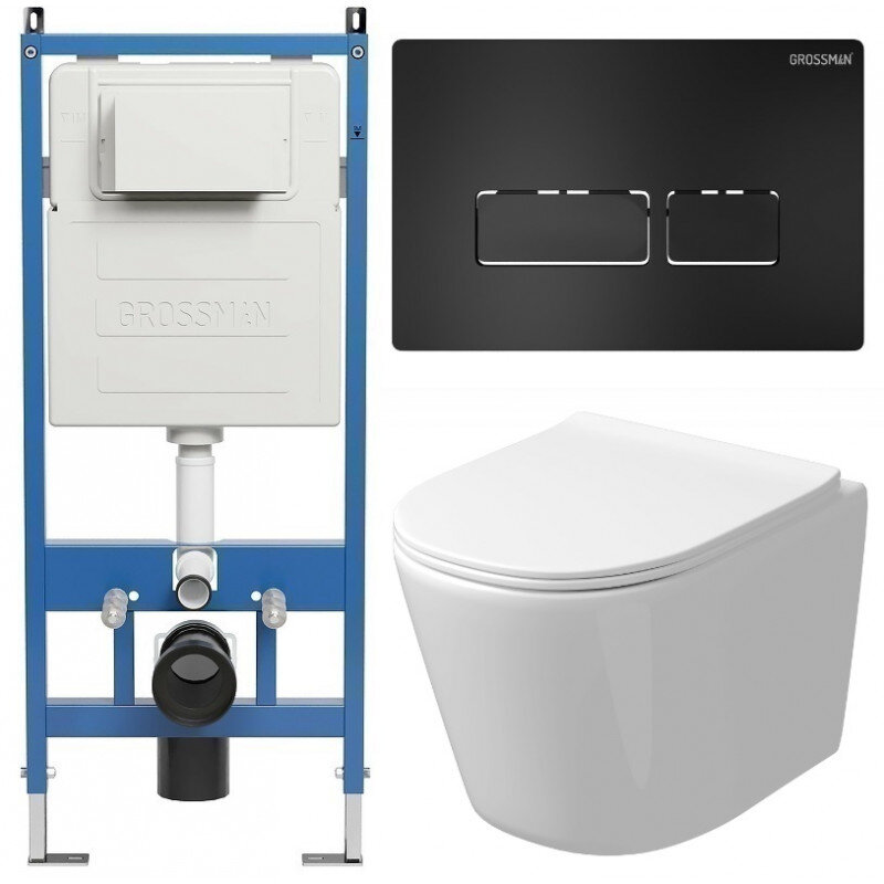Изображение товара Комплект Grossman Pragma 97.4477SQ.03.210, инсталляция 900.K31.01.000 с безободковым унитазом GR-4477SQ белый, смыв торнадо, сиденье микролифт, клавиша смыва черная матовая 700.K31.03.210.210