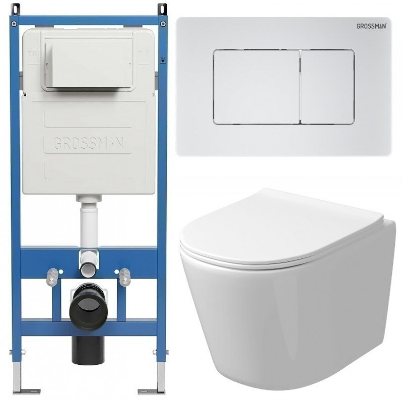 Изображение товара Комплект подвесной унитаз Grossman Classic 97.4477SQ безободковый с инсталляцией и сиденьем микроли