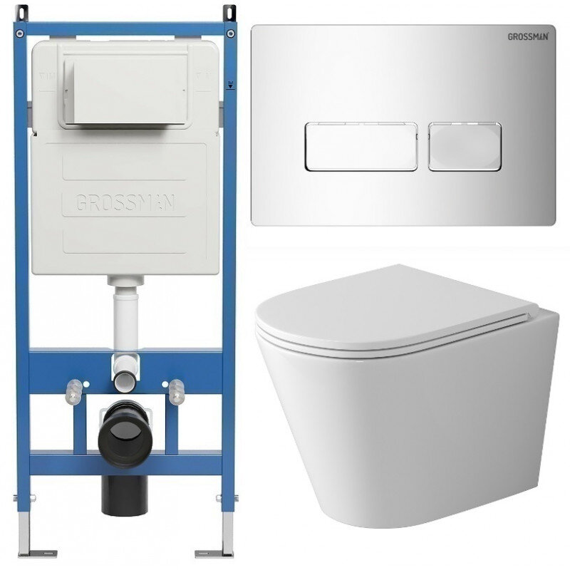Изображение товара Комплект Grossman Pragma 97.4478SQ с инсталляцией, безободковый подвесной унитаз белый