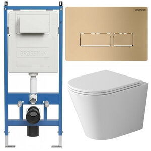 Изображение товара Комплект Grossman Pragma 97.4478SQ.03.310, инсталляция 900.K31.01.000 с безободковым унитазом GR-4478SQ белый, смыв торнадо, сиденье микролифт, клавиша смыва золото матовое 700.K31.03.310.310