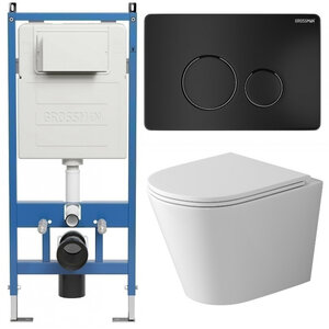 Изображение товара Комплект Grossman Style 97.4478SQ.05.21M, инсталляция 900.K31.01.000 с безободковым унитазом GR-4478SQ белый, смыв торнадо, сиденье микролифт, клавиша смыва черная матовая 700.K31.05.21M.21M