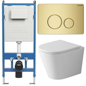Изображение товара Комплект Grossman Style 97.4478SQ.05.32M, инсталляция 900.K31.01.000 с безободковым унитазом GR-4478SQ белый, смыв торнадо, сиденье микролифт, клавиша смыва золото сатин 700.K31.05.32M.32M