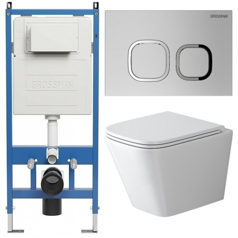 Изображение товара Комплект Grossman Cosmo 97.4479SQ.02.110 подвесной унитаз безободковый с инсталляцией