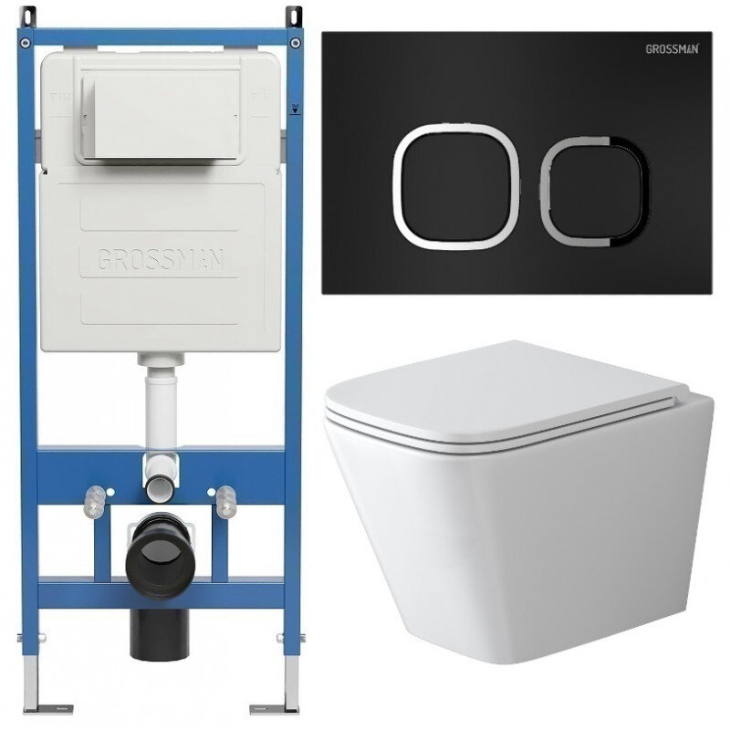 Изображение товара Комплект подвесной унитаз Grossman Cosmo безободковый с инсталляцией и смывом торнадо