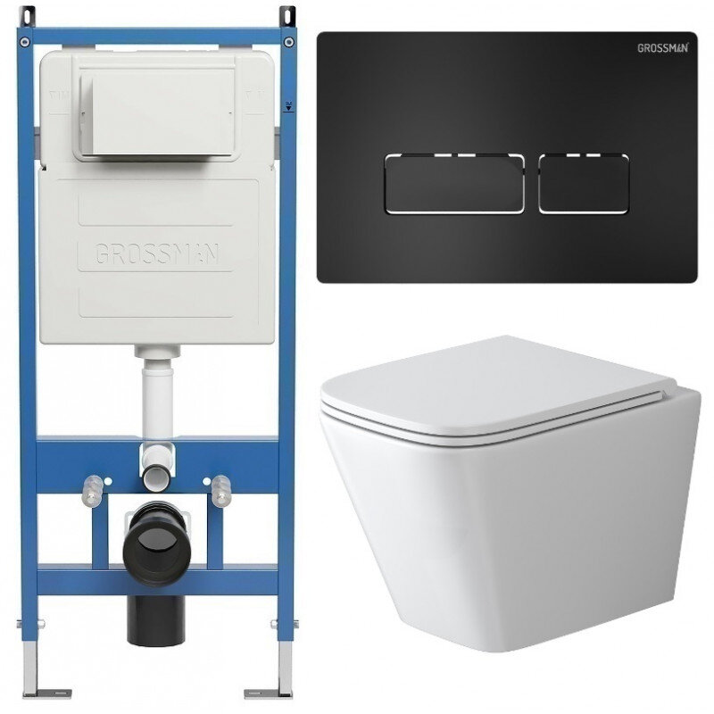 Изображение товара Комплект Grossman Pragma 97.4479SQ.03.210, инсталляция 900.K31.01.000 с безободковым унитазом GR-4479SQ белый, смыв торнадо, сиденье микролифт, клавиша смыва черная матовая 700.K31.03.210.210