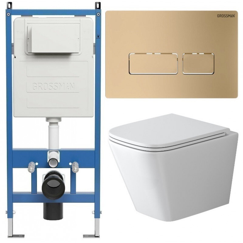 Изображение товара Комплект Grossman Pragma 97.4479SQ.03.310, инсталляция 900.K31.01.000 с безободковым унитазом GR-4479SQ белый, смыв торнадо, сиденье микролифт, клавиша смыва золото матовое 700.K31.03.310.310