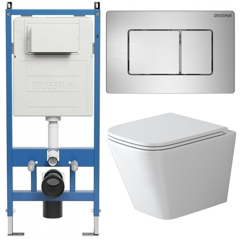 Изображение товара Комплект Grossman Classic 97.4479SQ.04.12M безободковый подвесной унитаз с инсталляцией и сиденьем 