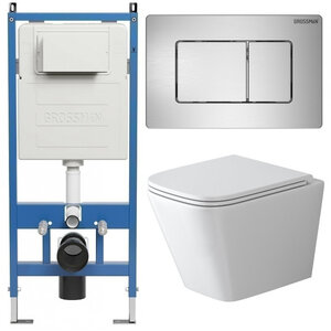 Изображение товара Комплект Grossman Classic 97.4479SQ.04.12M, инсталляция 900.K31.01.000 с безободковым унитазом GR-4479SQ белый, смыв торнадо, сиденье микролифт, клавиша смыва хром сатин 700.K31.04.12M.12M
