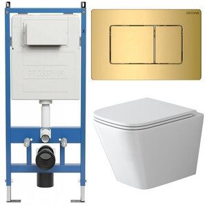 Изображение товара Комплект Grossman Classic 97.4479SQ.04.30M, инсталляция 900.K31.01.000 с безободковым унитазом GR-4479SQ белый, смыв торнадо, сиденье микролифт, клавиша смыва золото глянцевое 700.K31.04.30M.30M