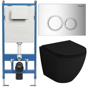 Изображение товара Комплект Grossman Galaxy 97.4455BMSQ.01.100, инсталляция 900.K31.01.000 с безободковым унитазом GR-4455BMSQ черный матовый, смыв торнадо, сиденье микролифт, клавиша смыва хром глянцевый 700.K31.01.100.100
