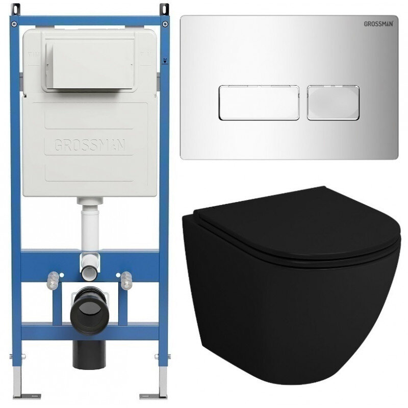 Изображение товара Комплект Grossman Pragma 97.4455BMSQ.03.100, инсталляция 900.K31.01.000 с безободковым унитазом GR-4455BMSQ черный матовый, смыв торнадо, сиденье микролифт, клавиша смыва хром глянцевый 700.K31.03.100.100