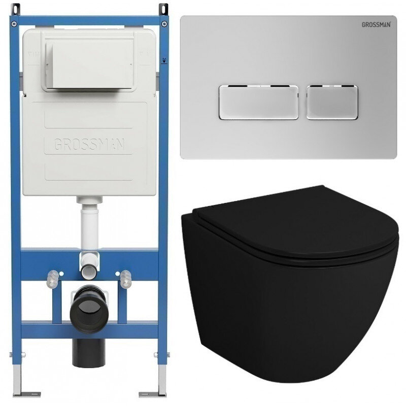 Изображение товара Комплект Grossman Pragma 97.4455BMSQ.03.110, инсталляция 900.K31.01.000 с безободковым унитазом GR-4455BMSQ черный матовый, смыв торнадо, сиденье микролифт, клавиша смыва хром матовый 700.K31.03.110.110