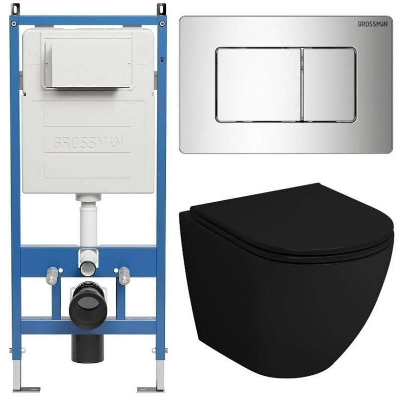 Изображение товара Комплект подвесной унитаз Grossman Classic 97.4455BMSQ с инсталляцией черный матовый