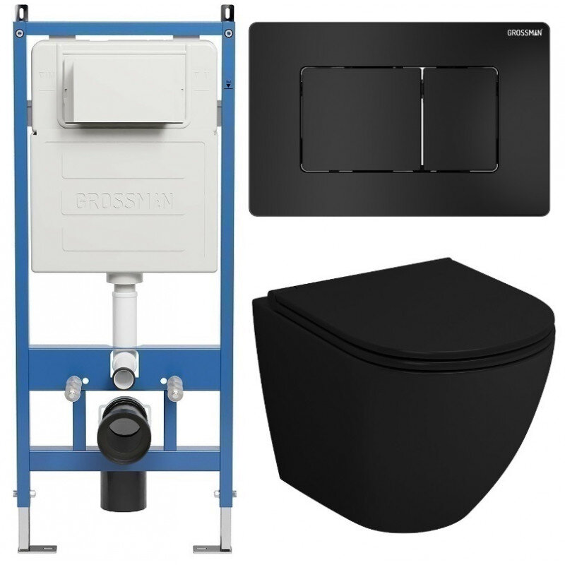 Изображение товара Комплект подвесной унитаз Grossman Classic 97.4455BMSQ с инсталляцией черный матовый