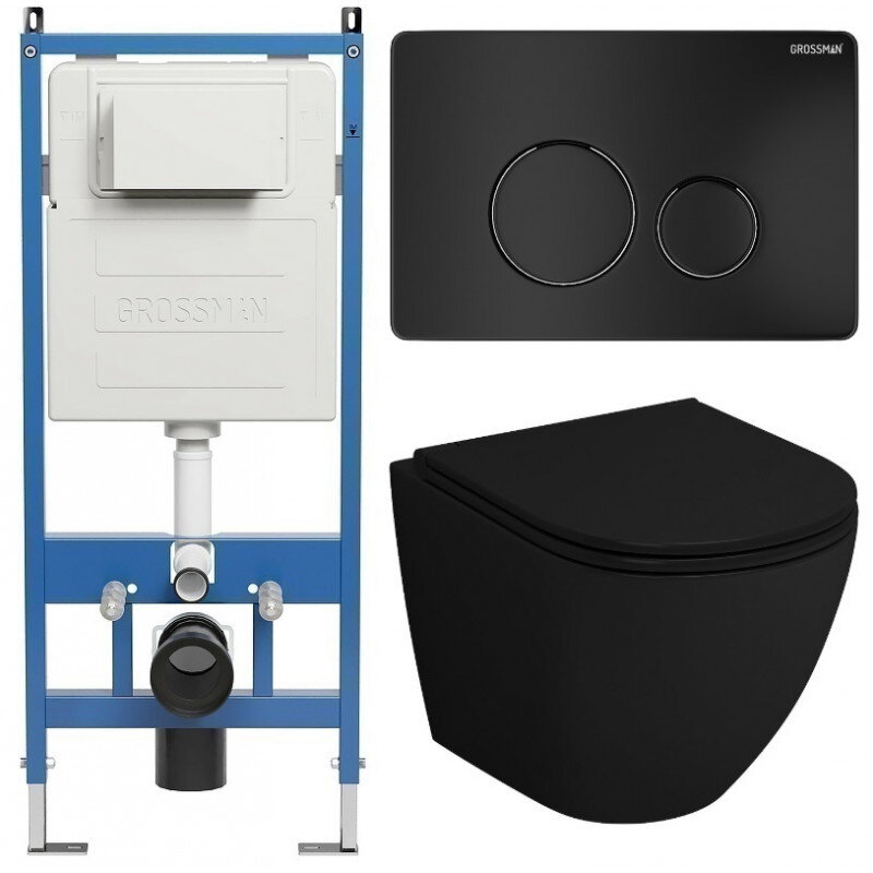 Изображение товара Комплект Grossman Style 97.4455BMSQ.05.21M, инсталляция 900.K31.01.000 с безободковым унитазом GR-4455BMSQ черный матовый, смыв торнадо, сиденье микролифт, клавиша смыва черная матовая 700.K31.05.21M.21M