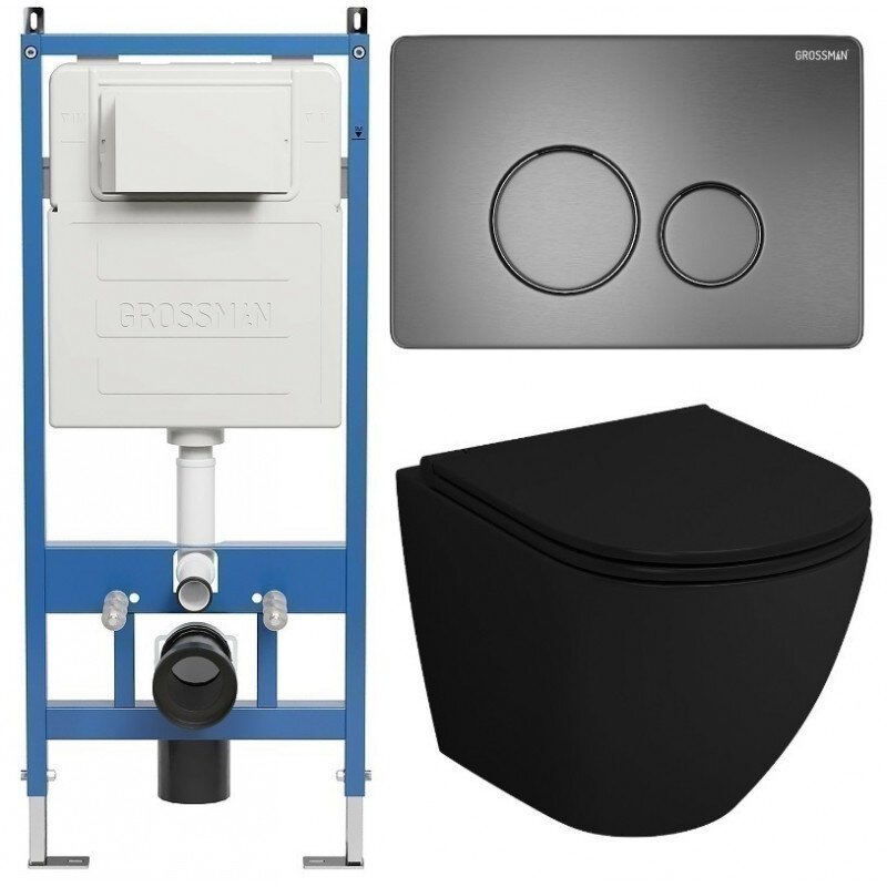Изображение товара Комплект унитаз с инсталляцией Grossman Style 97.4455BMSQ черный матовый торнадо
