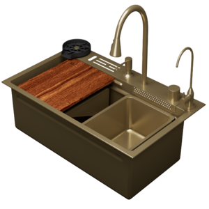 Изображение товара Мойка кухонная D&K, DKS754607, 75 см, в комплекте со смесителем и аксессуарами, нержавеющая сталь матовое золото 