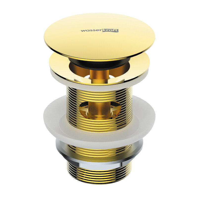 Изображение товара Донный клапан Wasserkraft A343 Push-up с переливом и PVD-покрытием золото глянцевое