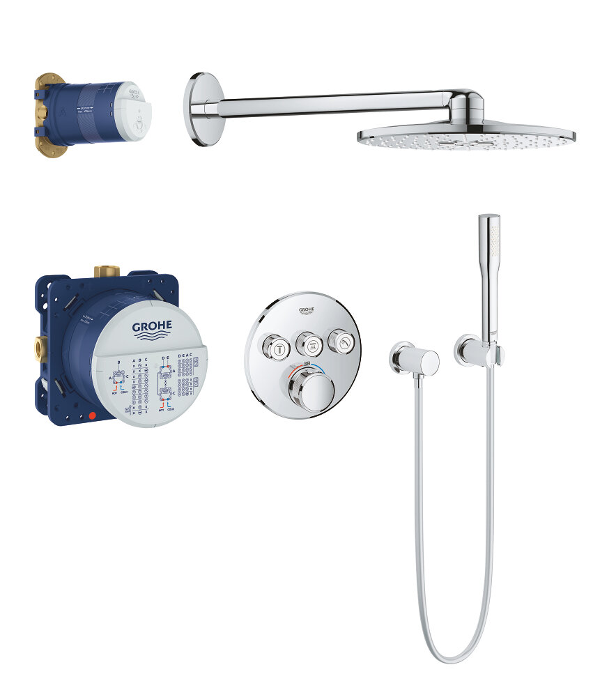 Изображение товара Душевая система Grohe Grohtherm 34705000 SmartControl, термостатическая, верхний душ круглый 2 режима, хром Изображение товара Душевая система Grohe Grohtherm 34705000 SmartControl, термостатическая, верхний душ круглый 2 режима, хром