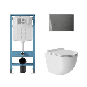 Изображение товара Комплект Aqueduto AQDS226: инсталляция Tecnica Novo, безободковый унитаз Ovo с сиденьем микролифт, клавиша оружейная сталь