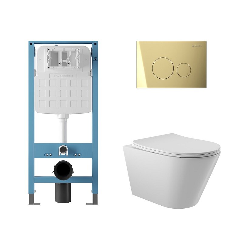 Изображение товара Комплект Aqueduto AQDS236T безободковый унитаз Cone с инсталляцией и клавишей золото