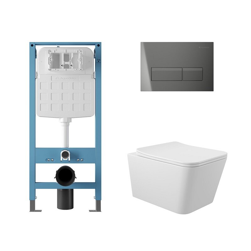 Изображение товара Комплект Aqueduto AQDS243: инсталляция Tecnica Novo, безободковый унитаз Macio с сиденьем микролифт, клавиша оружейная сталь