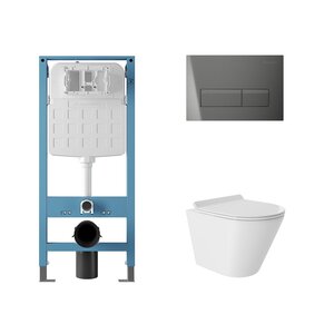 Изображение товара Комплект Aqueduto AQDS245T: инсталляция Tecnica Novo, безободковый унитаз Cone с сиденьем микролифт, смыв торнадо, клавиша оружейная сталь