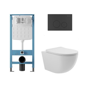 Изображение товара Комплект Aqueduto AQDS317T: инсталляция Tecnica Novo, безободковый унитаз Ovo Tornado с сиденьем микролифт, клавиша черная матовая