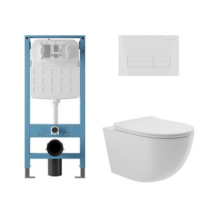 Изображение товара Комплект Aqueduto AQDS327T: инсталляция Tecnica Novo, безободковый унитаз Ovo Tornado с сиденьем микролифт, клавиша белая