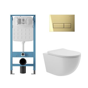 Изображение товара Комплект Aqueduto AQDS330T: инсталляция Tecnica Novo, безободковый унитаз Ovo Tornado с сиденьем микролифт, клавиша шлифованное золото