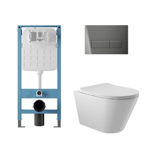 Изображение товара Комплект Aqueduto AQDS351T: инсталляция Tecnica Novo, безободковый унитаз Cone Tornado с сиденьем микролифт, клавиша оружейная сталь