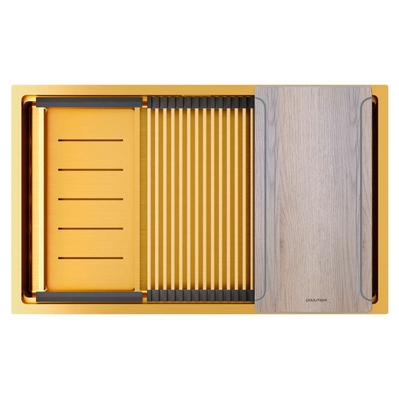 Изображение товара Мойка кухонная Paulmark Next Multi Sink 74 UNI с брашированным золотом и трехуровневой конструкцией