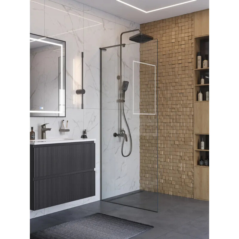Изображение товара Душевая стенка BelBagno UNO-L-1-TB-90-C-GM из прозрачного стекла, сталь Gunmetal