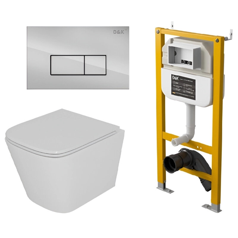 Изображение товара Комплект унитаз безободковый с инсталляцией D&K Berlin, торнадо, микролифт, хром