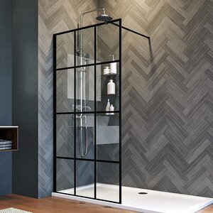 Изображение товара Душевая стенка Veconi Korato KR80-100-01-C8, 100 см, со свободным входом, Easy Clean, стекло прозрачное, принт клетка, профиль черный матовый