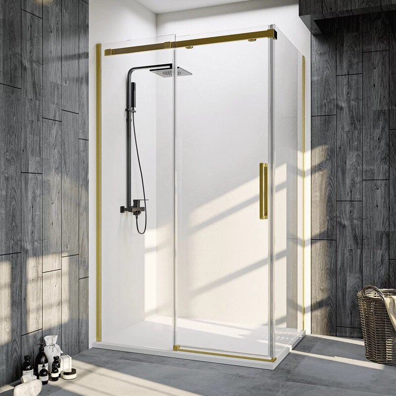Изображение товара Душевой уголок Veconi Rovigo 150x100 см с прозрачным стеклом и золоченым профилем Изображение товара Душевой уголок Veconi Rovigo 150x100 см с прозрачным стеклом и золоченым профилем