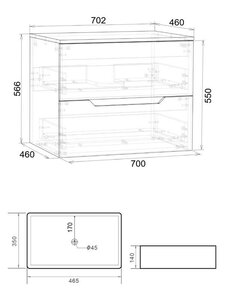 Изображение товара Тумба с раковиной Orange Line, Li-70TuwMDF+B02-460W, 70 см, подвесная, белая матовая