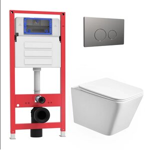 Изображение товара Комплект Oliveeka OL-MQ5014R22-BGM, инсталляция, подвесной безободковый белый унитаз, сиденье микролифт, и клавиша смыва матовый оружейный металл