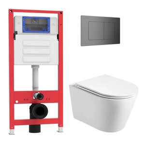 Изображение товара Комплект Oliveeka OL-MQ6016E12-BGM, инсталляция, подвесной безободковый белый унитаз, сиденье микролифт, и клавиша смыва матовый оружейный металл