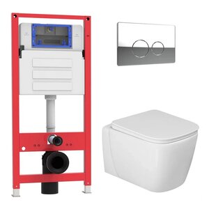 Изображение товара Комплект Oliveeka OL-MQG1R22-CR, инсталляция, подвесной безободковый белый унитаз, сиденье микролифт, и клавиша смыва хром