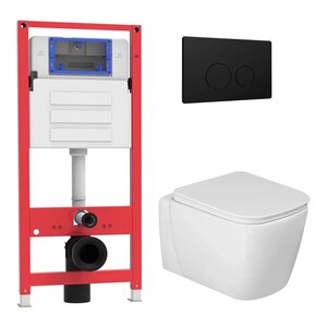 Изображение товара Комплект Oliveeka OL-MQG1R22-MB, инсталляция, подвесной безободковый белый унитаз, сиденье микролифт, и клавиша смыва черный матовый