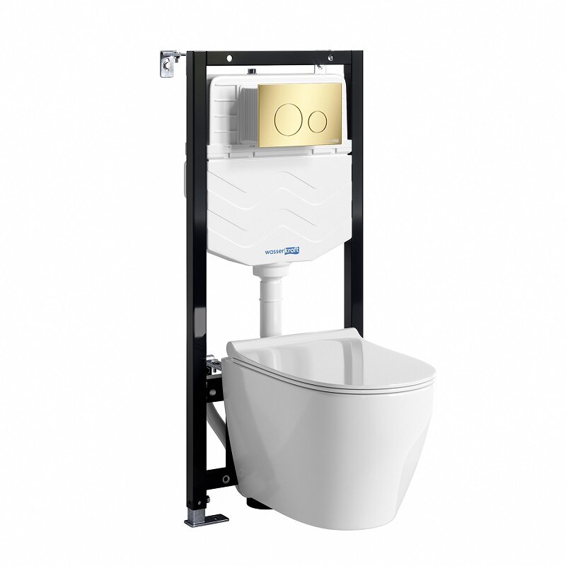 Изображение товара Инсталляция WasserKRAFT 10TLT.010.ME.PG02.H002, с подвесным безободковым унитазом Mindel, крышка микролифт, клавиша золото