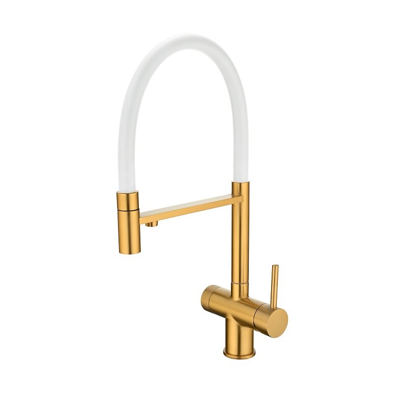 Изображение товара Смеситель для кухонной мойки Emar 7024WHT PVD Golden с гибким изливом и подключением к фильтру Изображение товара Смеситель для кухонной мойки Emar 7024WHT PVD Golden с гибким изливом и подключением к фильтру