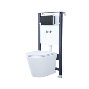 Изображение товара Комплект Iddis Basic BASC020i73: инсталляция, подвесной безободковый унитаз белый, сиденье микролифт, клавиша черная матовая