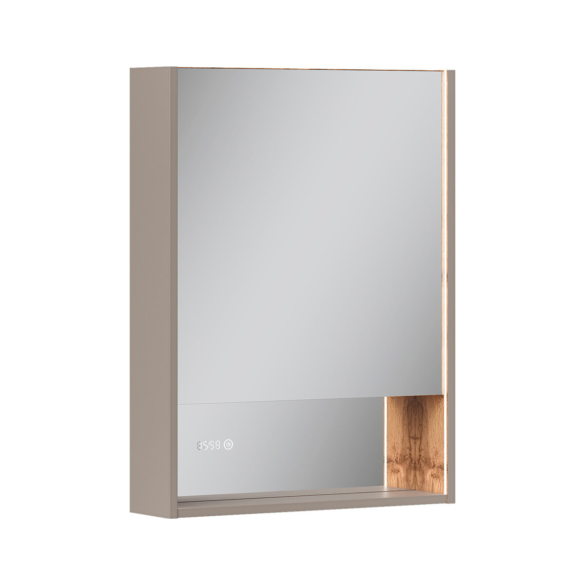 Изображение товара Зеркальный шкаф Equil Gleam szGLEAM.LED.60.1D-25, 60 см, LED-подсветка, часы, амарок/дуб вотан