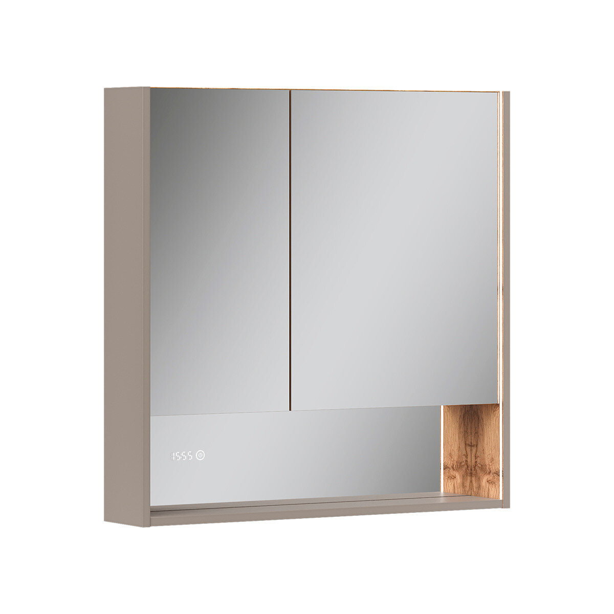 Изображение товара Зеркальный шкаф Equil Gleam szGLEAM.LED.80.2D-25, 80 см, LED-подсветка, часы, зеленый амарок/дуб вотан Изображение товара Зеркальный шкаф Equil Gleam szGLEAM.LED.80.2D-25, 80 см, LED-подсветка, часы, зеленый амарок/дуб вотан