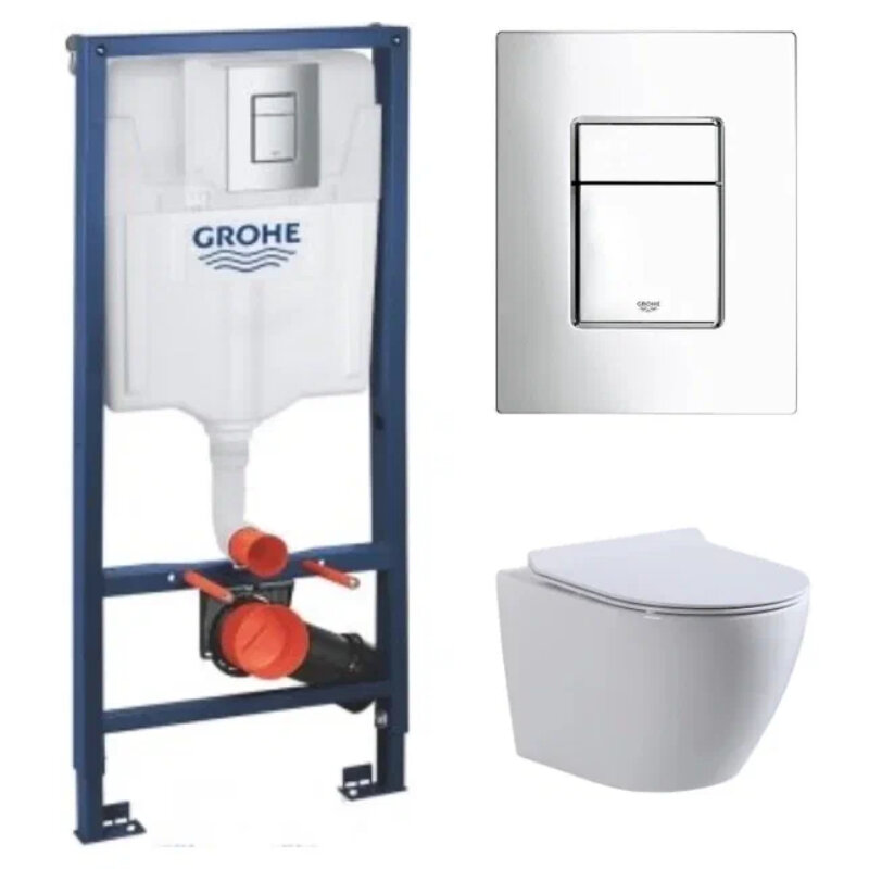 Изображение товара Комплект GRH772003480: инсталляция Grohe Rapid SL с безободковым унитазом BeWash Minimal белый, сиденье микролифт, клавиша хром