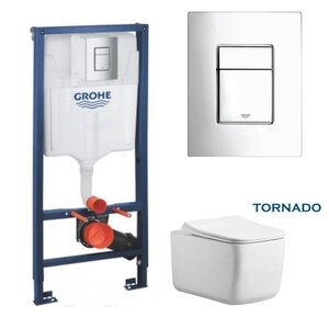 Изображение товара Комплект GRH772002525T: инсталляция Grohe Rapid SL с безободковым унитазом BeWash Schutz белый, смыв торнадо, сиденье микролифт, клавиша хром