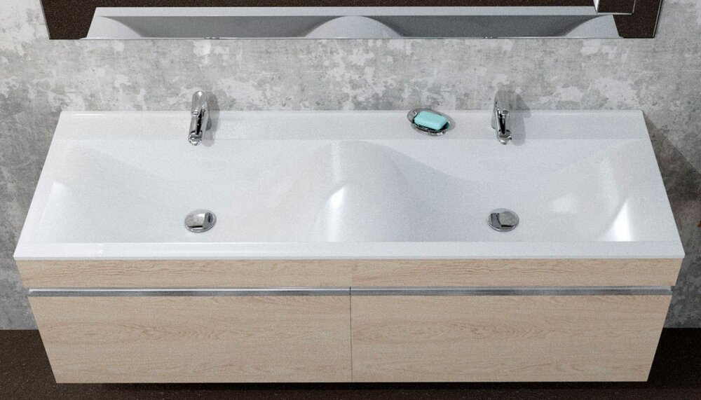 Изображение товара Раковина Pulsus 140 из литого мрамора Velvex с двойной раковиной и 2 отверстиями под смеситель